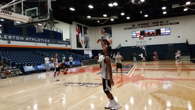 Garrett Nevels shot baskets post-practice at Cal State Fullerton's Titan Gym on Tuesday.