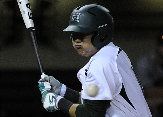 Hawaii's J.J. Kitaoka avoided getting hit by a pitch in Thursday's loss to New Mexico State. Photo by Bruce Asato/Star-Advertiser