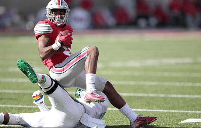 Ohio State cornerback Gareon Conley spun after intercepting a pass intended for Hawaii wide receiver Quinton Pedroza in the first half.