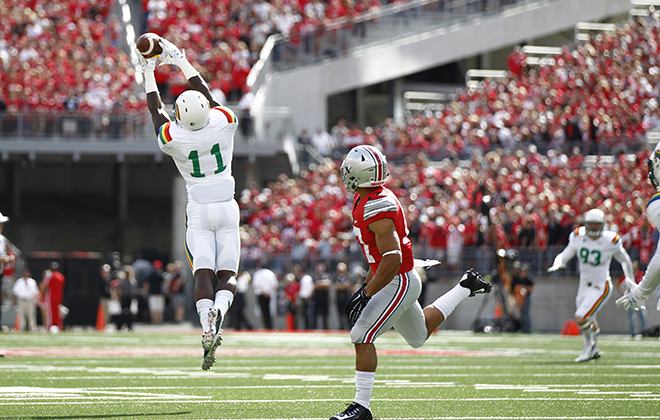 Hawaii defensive back Nick Nelson nearly intercepted a pass intended for Ohio State running back Jalin Marshall in the first half Saturday at Ohio Stadium in Columbus, Ohio.