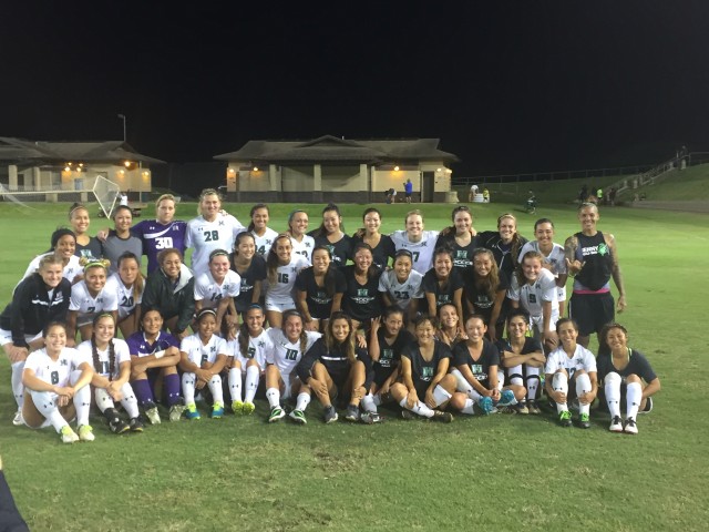 Current and former UH soccer players gathered after the 2015 alumnae game.