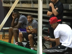 Lakers forward Julius Randle, video coordinator J.J. Outlaw and point guard Jordan Clarkson stayed to watch the first portion of UH practice. 