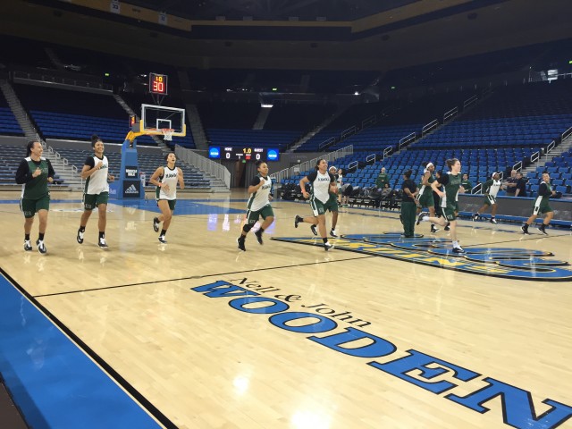 The Rainbow Wahine warm up for practice in Pauley Pavilion.