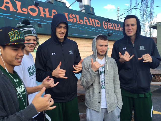UH players threw up shakas outside of Aloha Island Grill in chilly Spokane on Wednesday.