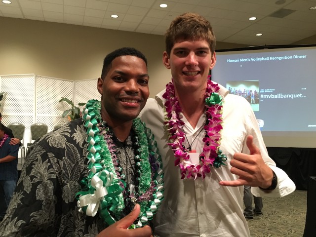 Assistant coach Joshua "Sky" Walker and opposite hitter Stijn van Tilburg