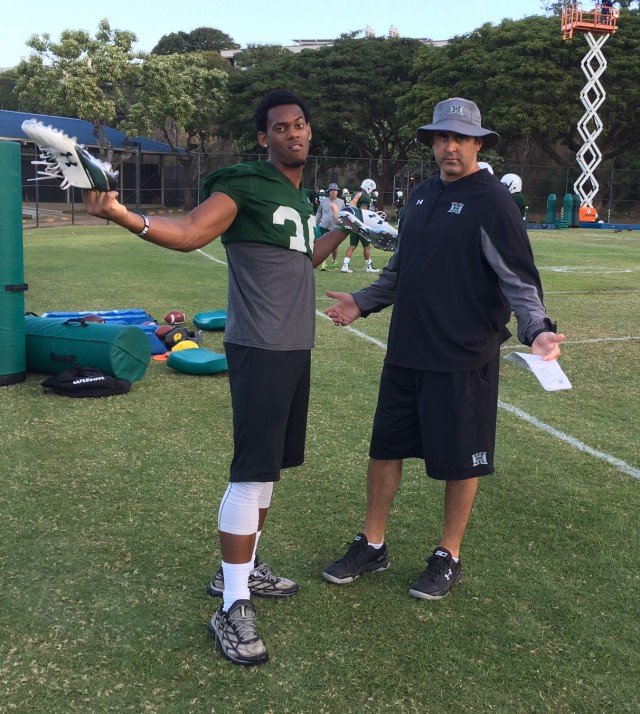 Safety Trayvon Henderson and coach Nick Rolovich