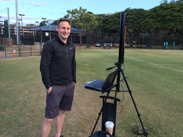 UH is testing a Catapult, a chip attached to a player's shoulder pads that enables tracking of, among other things, speed and deceleration. NFL and 60 college teams use the device. This is sports performance manager Ewan Robson.