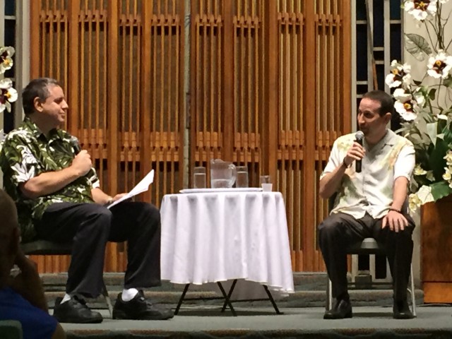 UH coach Eran Ganot spoke to a group at Temple Emanu-El on Wednesday. At left, KKEA's Gary Dickman asked questions.