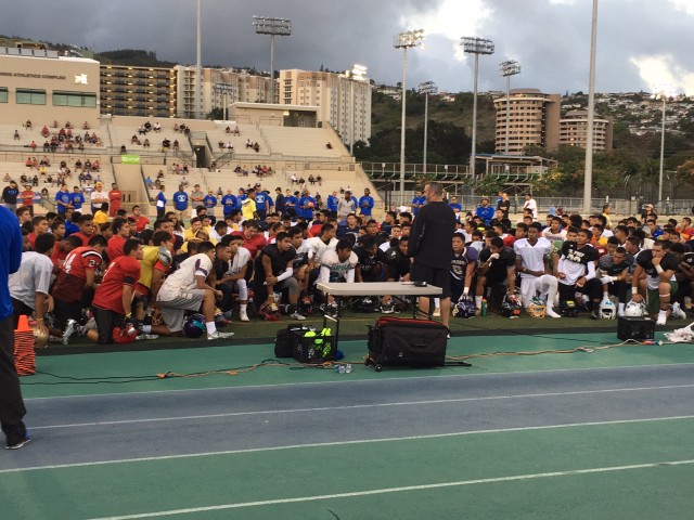 UH head coach Nick Rolovich welcomes the players. 