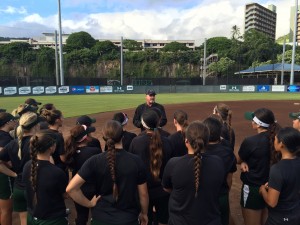 UH head coach Bob Coolen addresses the Rainbow Wahine prior to the opening day of fall practice on Monday. 