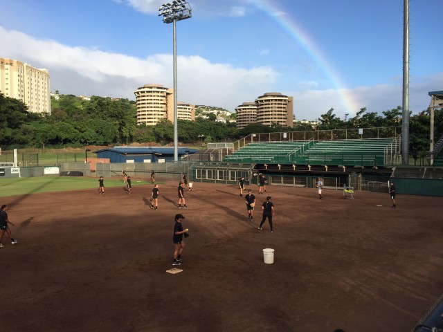 The Rainbow Wahine softball team opened fall practice on Monday with a rainbow overhead.