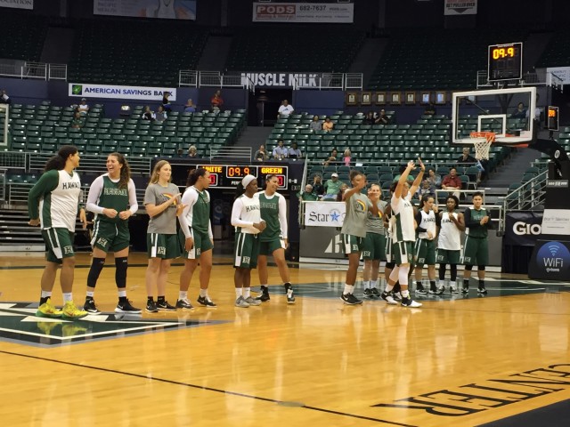 The 2016-17 Rainbow Wahine basketball team is introduced prior to the Green and White scrimmage on Friday at the Stan Sheriff Center.