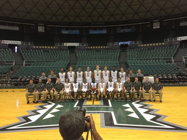 Your complete Rainbow Warriors 2016-17 team, plus coaching staff, and Bruce Asato's head.