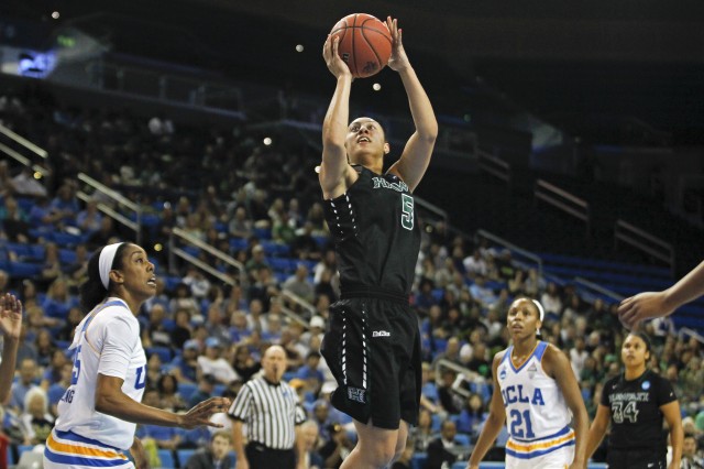 UH junior Sarah Toeaina, shown in UH's NCAA tournament game at UCLA last March, leads the Rainbow Wahine with 11.8 points per game this season. Victor Posadas/Special to the Star-Advertiser