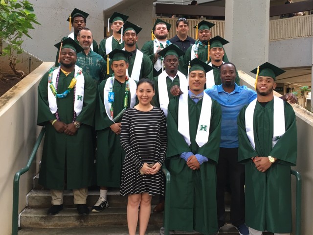 Bottom row:  Director of Academics Courtney Tsumoto, cornerback Jalen Rogers, defensive backs coach Abraham Elimimian, safety Damien Packer. Second row: Nose tackle Remy McClam, receiver Kalei Letoto, cornerback Jamal Mayo, quarterback Ikaika Woolsey. Third row: Nick Rolovich, defensive end Makani Kema-Kaleiwahea, defensive tackle Penitito Faalologo. Top row: DE Jerrol Garcia-Williams, NT Kory Rasmussen, DT Mike Andrade, offensive coordinator Brian Smith. 