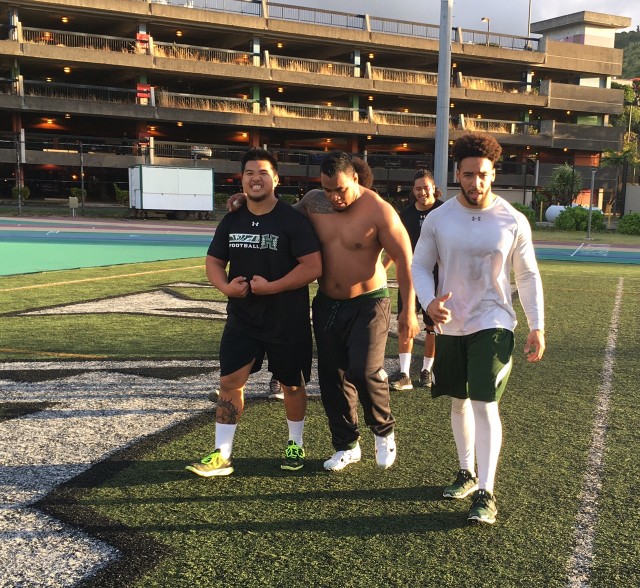 Linebacker Dayton Furuta, nose tackle Kiko Faalologo, and linebacker Russell Williams Jr.  