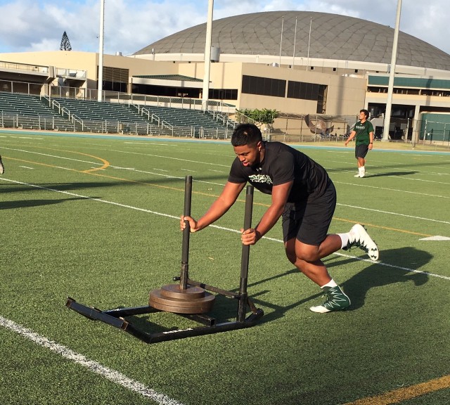 Defensive tackle Joey Nuuanu-Kuhiiki is now up to 280 pounds 