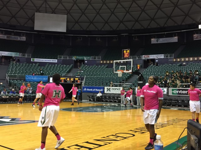 The Rainbow Wahine basketball team wore pink warmups prior to their game against UC Riverside in honor of Play4Kay night at the Stan Sheriff Center. 