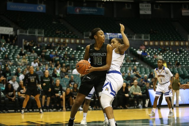 UH freshman Makenna Woodfolk leads the Rainbow Wahine basketball team with 5.9 rebounds per game. Photo courtesy UH. 