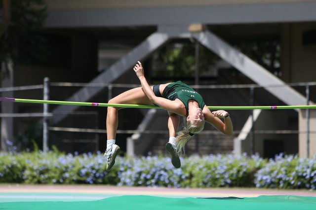 UH freshman Lily Lowe cleared 5 feet, 9 inches on Saturday to win the high jump in the Rainbow Relays. Photo courtesy Jay Metzger, UH Media Relations